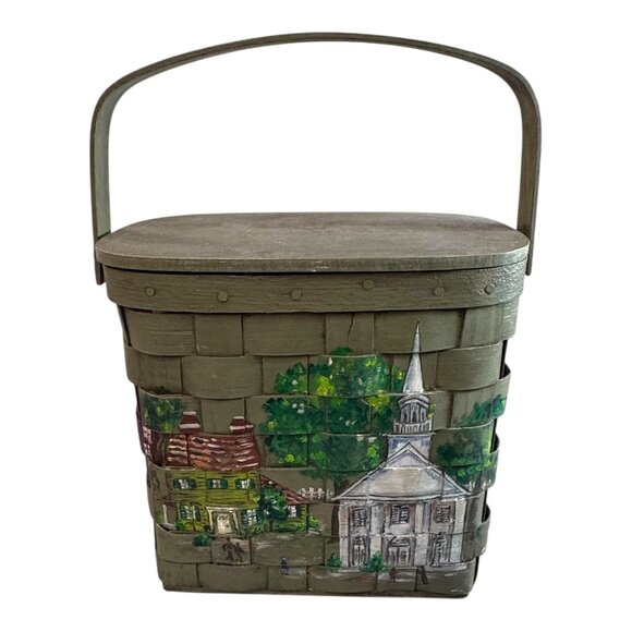 Vtg Hand-Painted Green Picnic Basket Purse Church Steeple Handle Village Scene - Picture 1 of 11